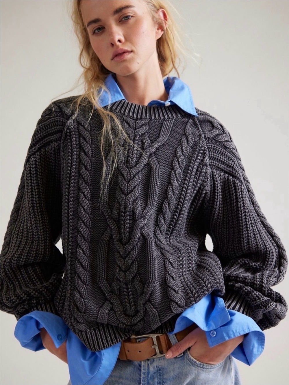 NWOT Free People Frankie Cable Knit Cotton Sweater in Black Size Medium Fall